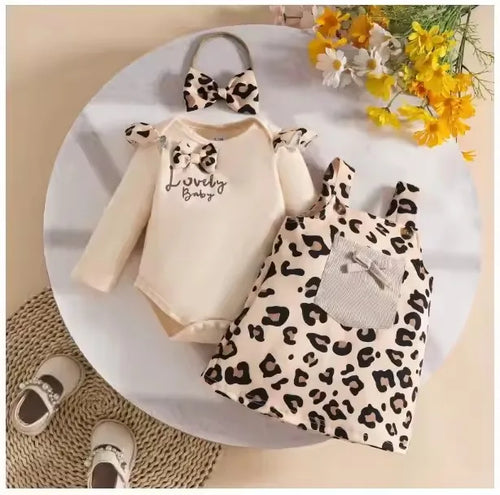 fall شتاء fashion three-piece clothing طقم for baby بنات leopard bow أكمام طويلة توب purse leopard belt جيب hair band