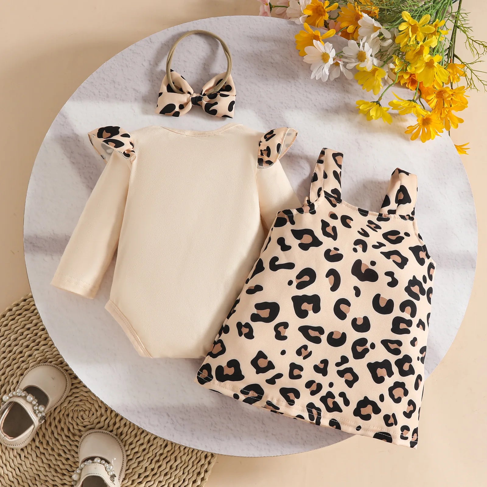 fall شتاء fashion three-piece clothing طقم for baby بنات leopard bow أكمام طويلة توب purse leopard belt جيب hair band