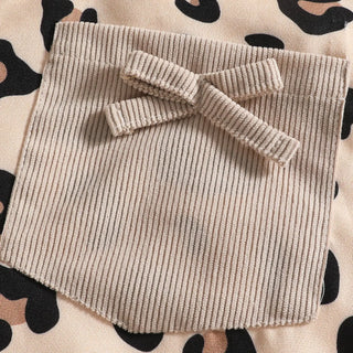 fall شتاء fashion three-piece clothing طقم for baby بنات leopard bow أكمام طويلة توب purse leopard belt جيب hair band