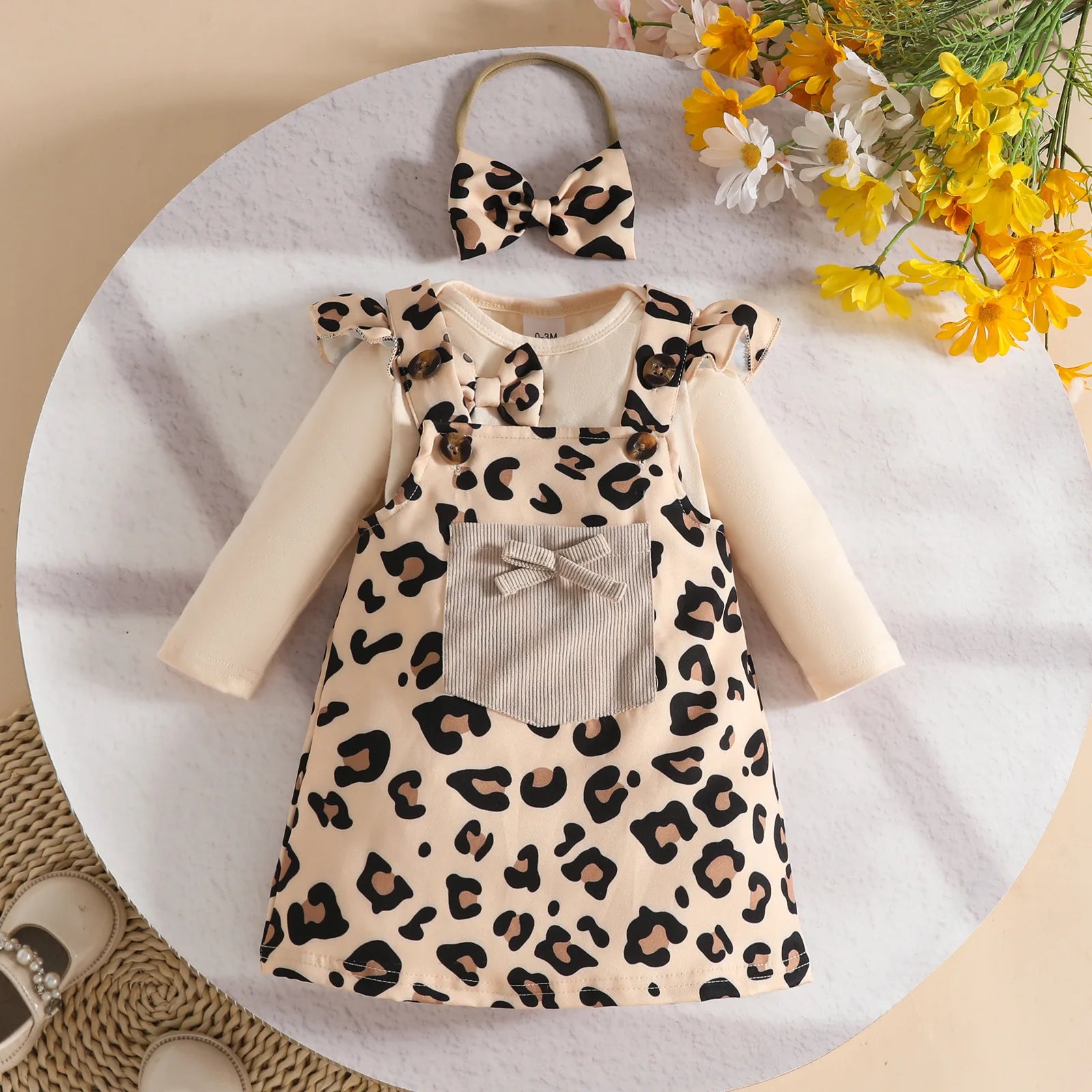 fall شتاء fashion three-piece clothing طقم for baby بنات leopard bow أكمام طويلة توب purse leopard belt جيب hair band
