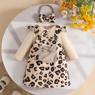 fall شتاء fashion three-piece clothing طقم for baby بنات leopard bow أكمام طويلة توب purse leopard belt جيب hair band