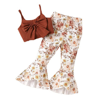 fashion كاجوال بنات بدلة with bow strap jacket printed horn pants breathable clothes for children