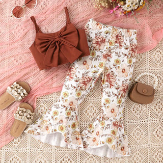 fashion كاجوال بنات بدلة with bow strap jacket printed horn pants breathable clothes for children