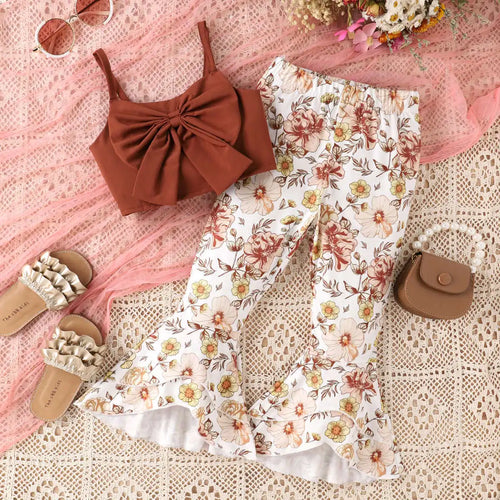 fashion كاجوال بنات بدلة with bow strap jacket printed horn pants breathable clothes for children