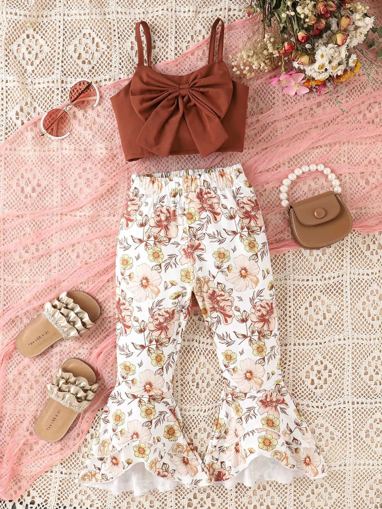 fashion كاجوال بنات بدلة with bow strap jacket printed horn pants breathable clothes for children