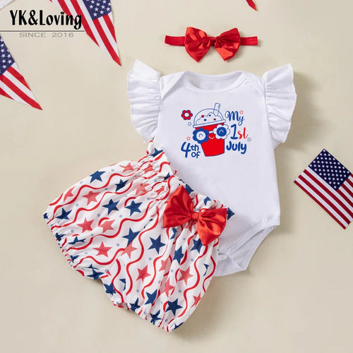 fashion newborn baby clothes baby independence day clothes printed بنات romper shorts hairbands 3 pieces طقم