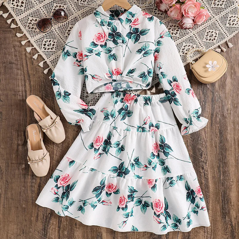 بنت's طقم موضة 2025 ربيع وخريف جديد sweet flower print أكمام طويلةd توب and جيب طقم قطعتين