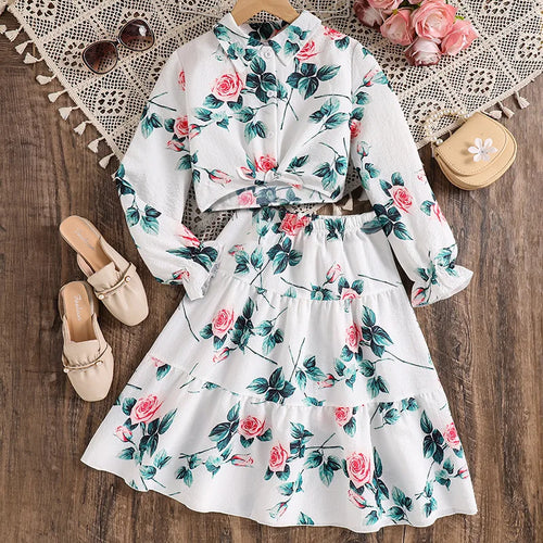 بنت's طقم موضة 2025 ربيع وخريف جديد sweet flower print أكمام طويلةd توب and جيب طقم قطعتين