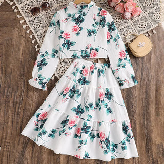 بنت's طقم موضة 2025 ربيع وخريف جديد sweet flower print أكمام طويلةd توب and جيب طقم قطعتين