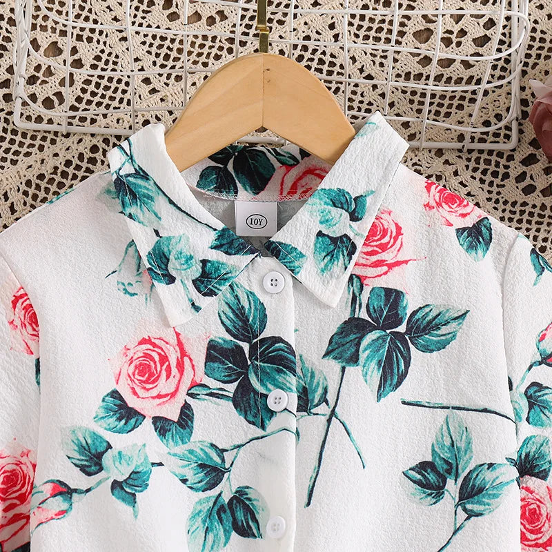 بنت's طقم موضة 2025 ربيع وخريف جديد sweet flower print أكمام طويلةd توب and جيب طقم قطعتين