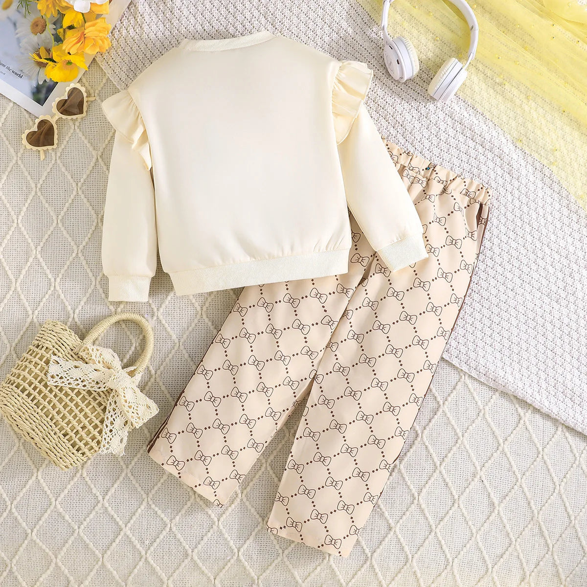 بنات boutique three-dimensional bow أكمام طويلة توب and bow printed fashion pants ربيع وخريف toddler suits for صيف