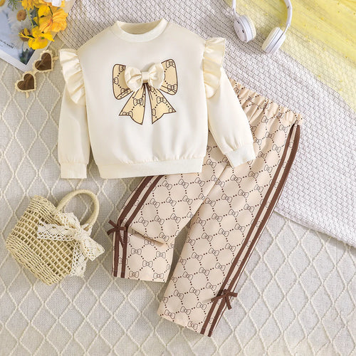 بنات boutique three-dimensional bow أكمام طويلة توب and bow printed fashion pants ربيع وخريف toddler suits for صيف