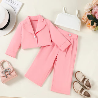 بنات كاجوال خريف french camisole بدلة with أكمام طويلة and straight trousers solid pattern طقم of three pcs