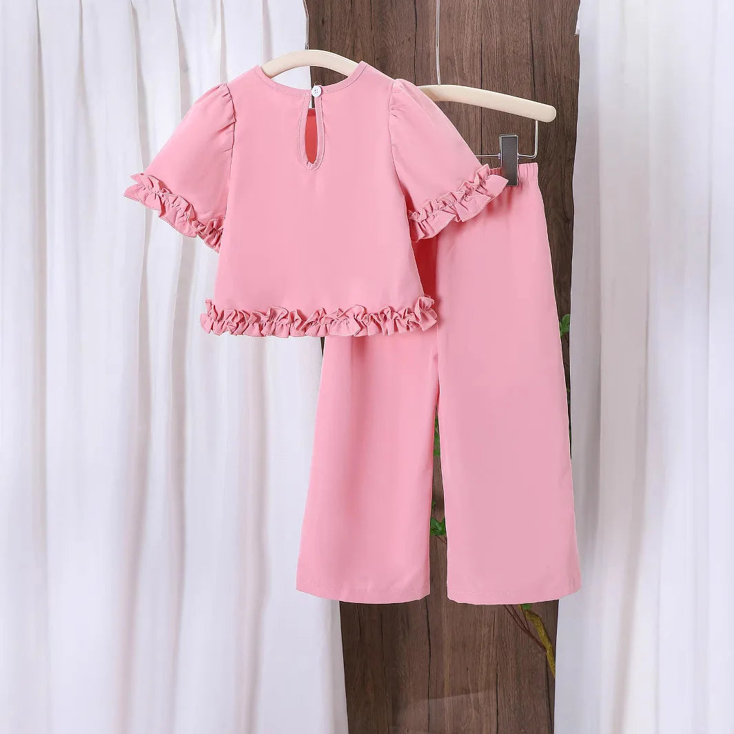 بنات كاجوال comfortable pink أكمام قصيرة توب and wide legs pants طقم صيف جديد children's clothing