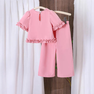 بنات كاجوال comfortable pink أكمام قصيرة توب and wide legs pants طقم صيف جديد children's clothing