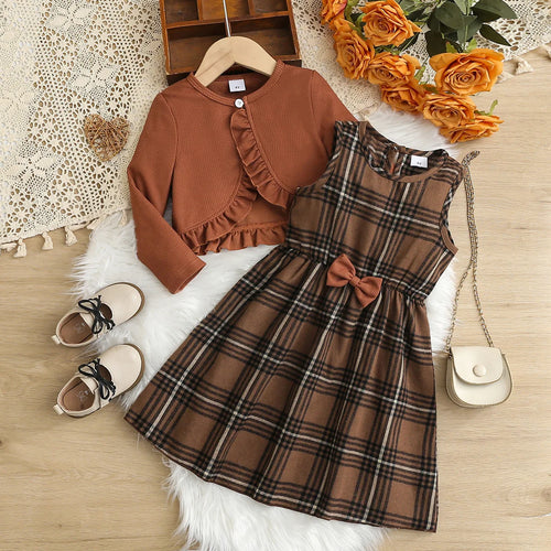 بنات' كاجوال أكمام طويلة طقم قطعتين solid pattern foreign-ستايل فستان بدلة for صيف little kid's خريف أطفال'
