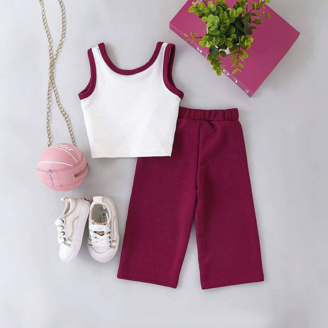 بنات' كاجوال بدلة صيف جديد بنات' baby knitted فيست paired with solid color pants طقم قطعتين
