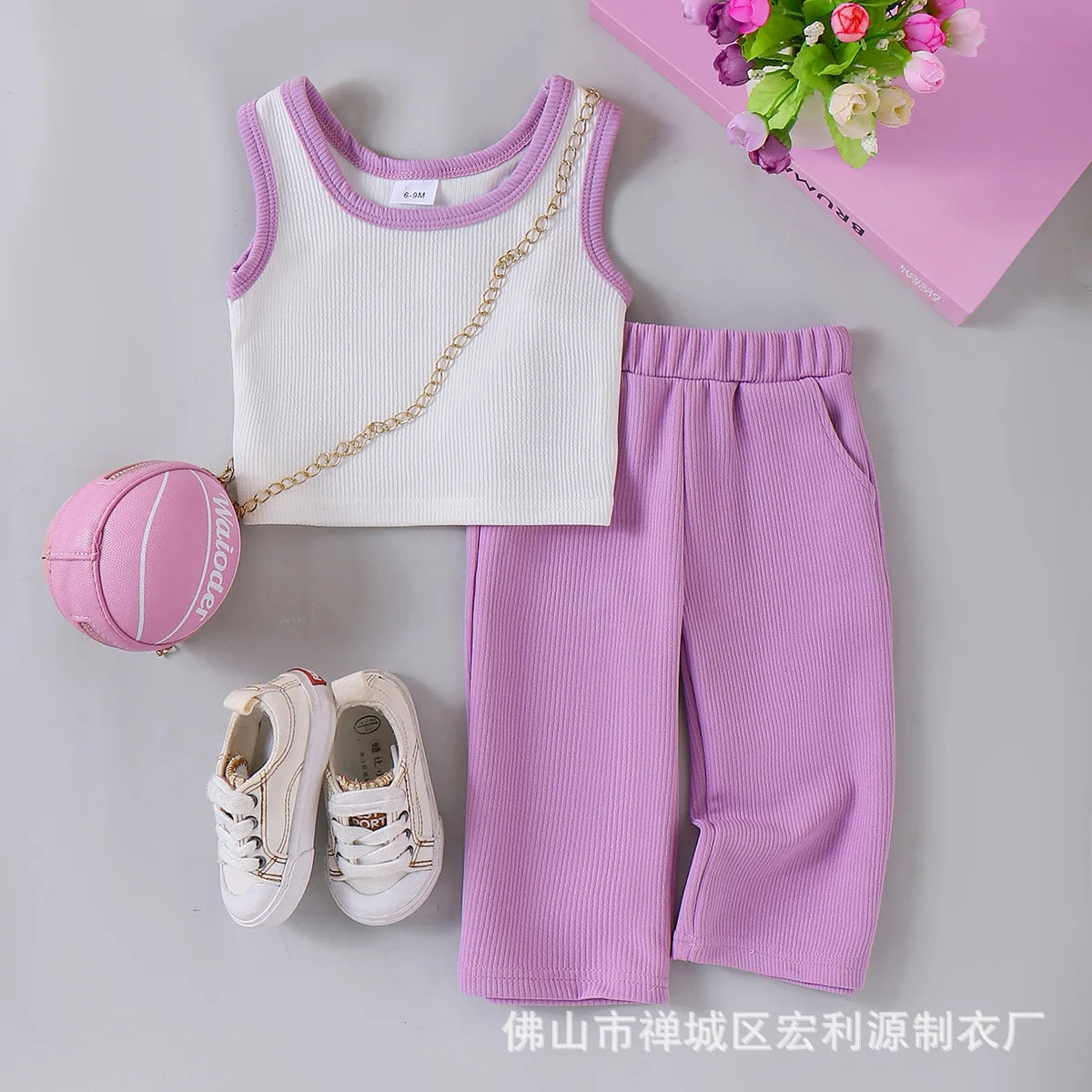 بنات' كاجوال بدلة صيف جديد بنات' baby knitted فيست paired with solid color pants طقم قطعتين