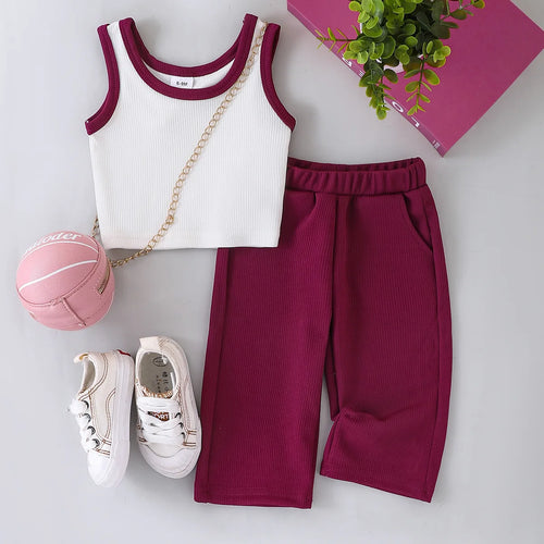 بنات' كاجوال بدلة صيف جديد بنات' baby knitted فيست paired with solid color pants طقم قطعتين