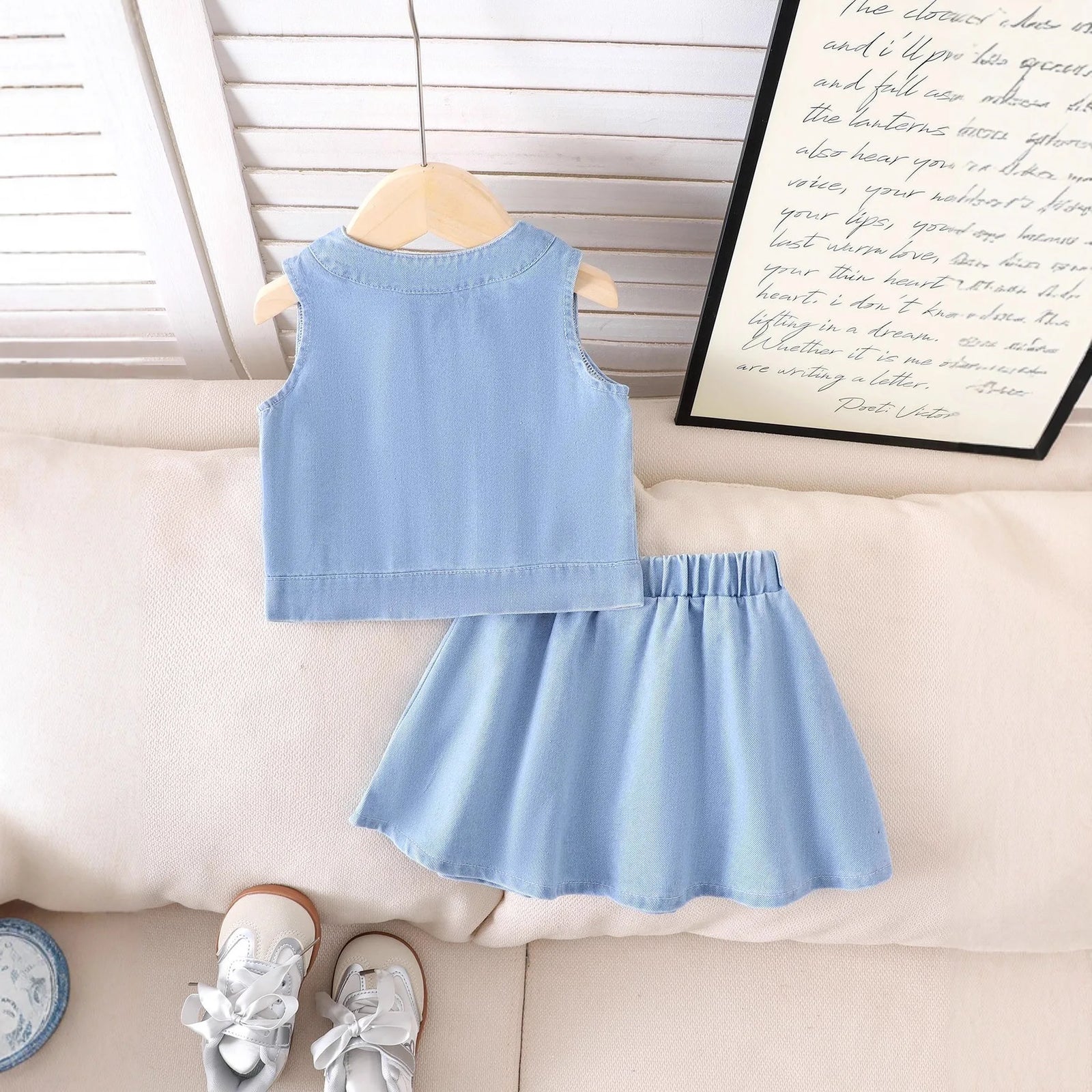 بنات كاجوال صيف clothing طقم season's جديد بدون أكمام توب with elastic بليسيه جيب children's دينم بدلة