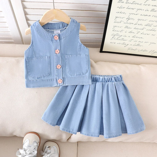 بنات كاجوال صيف clothing طقم season's جديد بدون أكمام توب with elastic بليسيه جيب children's دينم بدلة