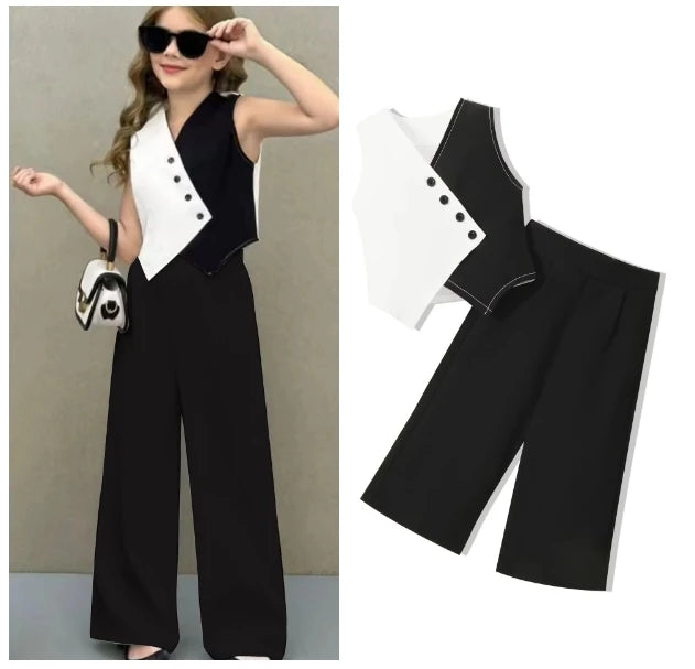 بنات كاجوال صيف طقم جديد black white contrast v-neck waistcoat solid color wide leg pants size 7 years for صيف