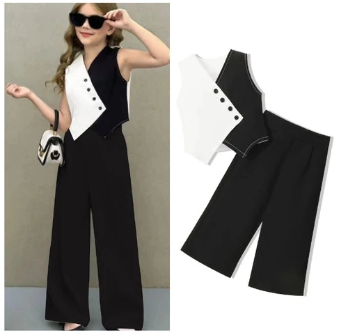بنات كاجوال صيف طقم جديد black white contrast v-neck waistcoat solid color wide leg pants size 7 years for صيف