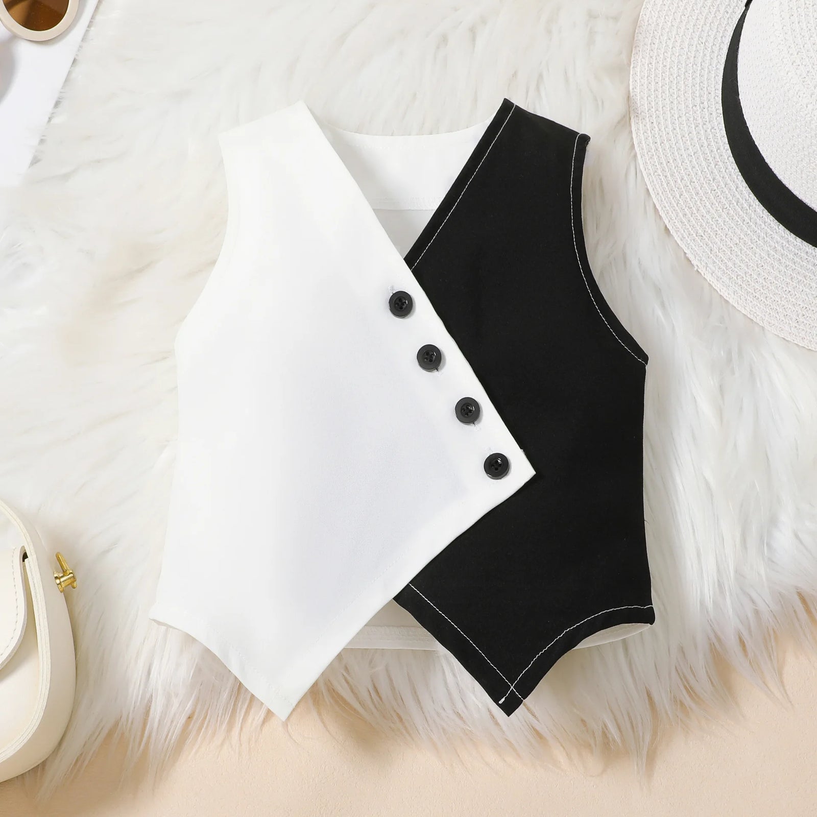 بنات كاجوال صيف طقم جديد black white contrast v-neck waistcoat solid color wide leg pants size 7 years for صيف