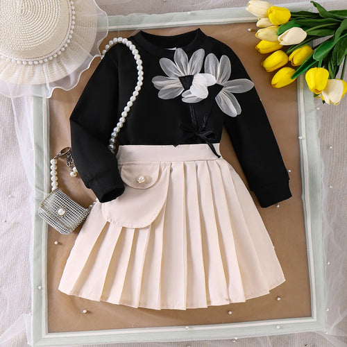 بنات كاجوال طقم قطعتين خريف flower print أكمام طويلة توب and بليسيه جيب in black