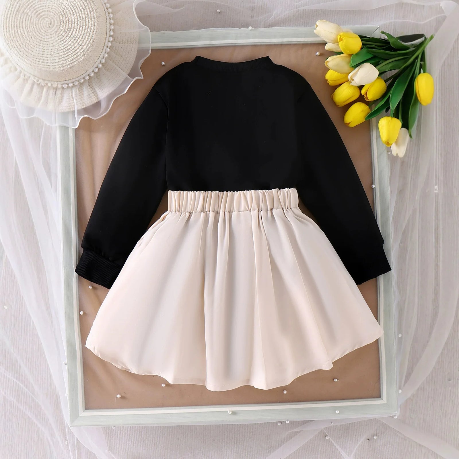 بنات كاجوال طقم قطعتين خريف flower print أكمام طويلة توب and بليسيه جيب in black