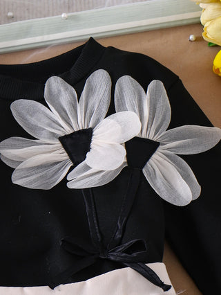 بنات كاجوال طقم قطعتين خريف flower print أكمام طويلة توب and بليسيه جيب in black