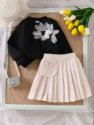 بنات كاجوال طقم قطعتين خريف flower print أكمام طويلة توب and بليسيه جيب in black