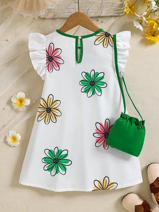 بنات' colorful floral print small fly أكمام، back collar، water drop buckle كاجوال loose فستان