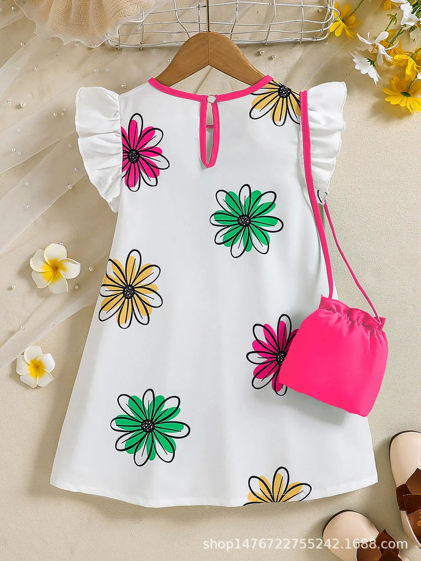 بنات' colorful floral print small fly أكمام، back collar، water drop buckle كاجوال loose فستان