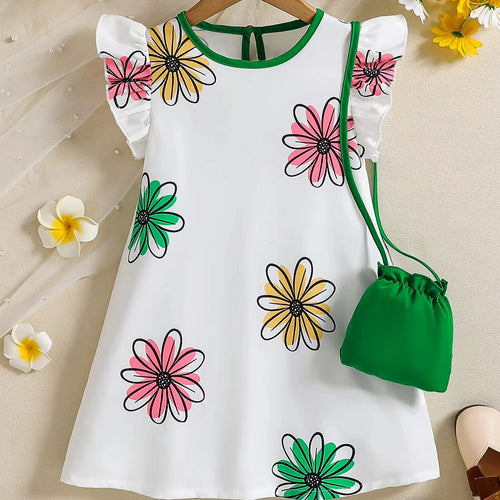 بنات' colorful floral print small fly أكمام، back collar، water drop buckle كاجوال loose فستان