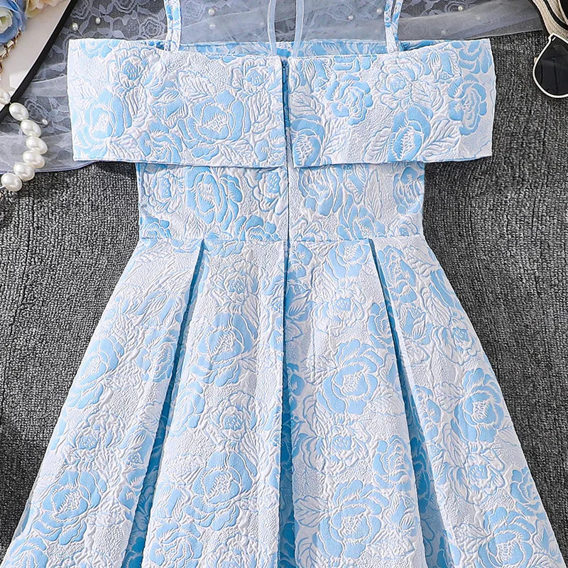 بنات' فستان موضة 2025 صيف جديد print تل splicing off shoulder أكمام قصيرةd أميرة فستان