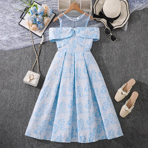 بنات' فستان موضة 2025 صيف جديد print تل splicing off shoulder أكمام قصيرةd أميرة فستان