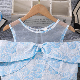 بنات' فستان موضة 2025 صيف جديد print تل splicing off shoulder أكمام قصيرةd أميرة فستان