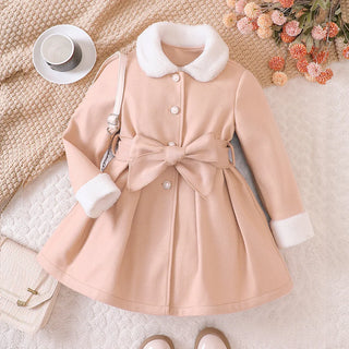 بنات' reversible plush collar tweed bow belt coat outerwear parka for toddlers and teenagers fall/شتاء جديد collection