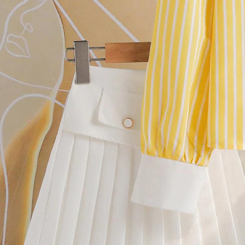 بنات' طقم موضة 2025 ربيع وخريف european and american جديد fashionable كاجوال striped أكمام طويلةd shirt half جيب two pieces