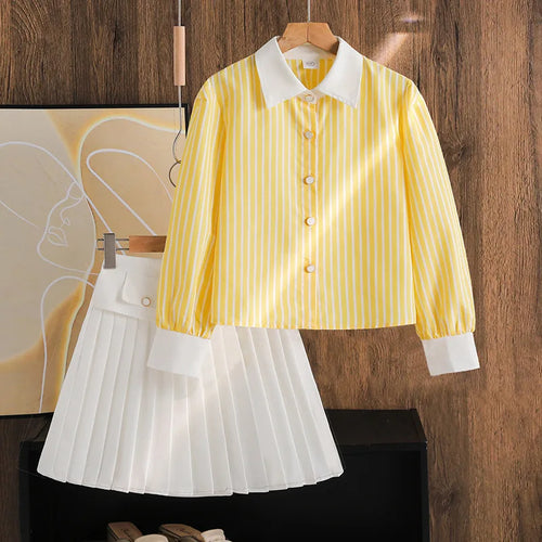 بنات' طقم موضة 2025 ربيع وخريف european and american جديد fashionable كاجوال striped أكمام طويلةd shirt half جيب two pieces