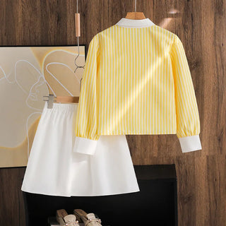 بنات' طقم موضة 2025 ربيع وخريف european and american جديد fashionable كاجوال striped أكمام طويلةd shirt half جيب two pieces