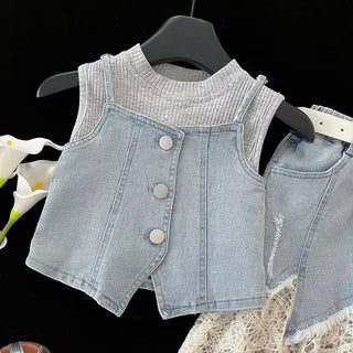 بنات' طقم موضة 2025 صيف جديد بدون أكمام t-shirt cowboy strap فيست lace cowboy half جيب 3-piece طقم