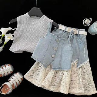 بنات' طقم موضة 2025 صيف جديد بدون أكمام t-shirt cowboy strap فيست lace cowboy half جيب 3-piece طقم