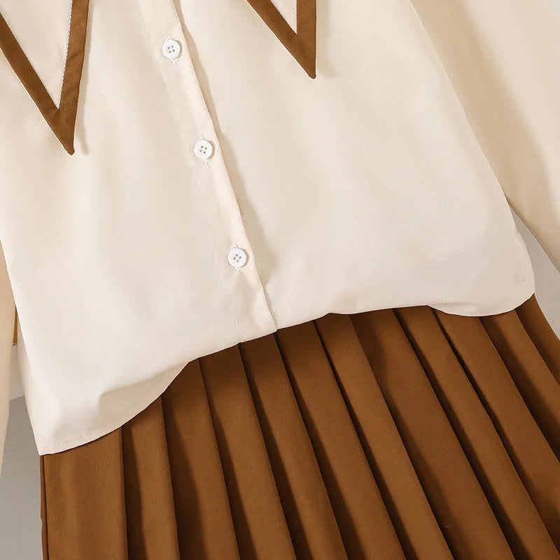 بنات' طقم 25 ربيع/خريف جديد ستايل temperament contrasting color border pointed collar أكمام طويلةd shirt بليسيه جيب طقم