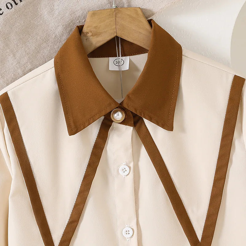 بنات' طقم 25 ربيع/خريف جديد ستايل temperament contrasting color border pointed collar أكمام طويلةd shirt بليسيه جيب طقم