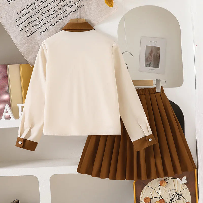 بنات' طقم 25 ربيع/خريف جديد ستايل temperament contrasting color border pointed collar أكمام طويلةd shirt بليسيه جيب طقم