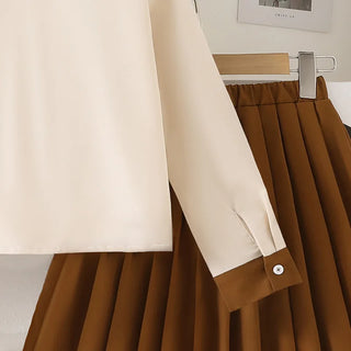 بنات' طقم 25 ربيع/خريف جديد ستايل temperament contrasting color border pointed collar أكمام طويلةd shirt بليسيه جيب طقم