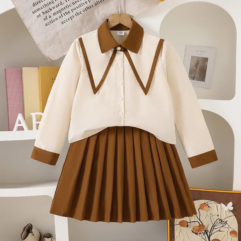 بنات' طقم 25 ربيع/خريف جديد ستايل temperament contrasting color border pointed collar أكمام طويلةd shirt بليسيه جيب طقم