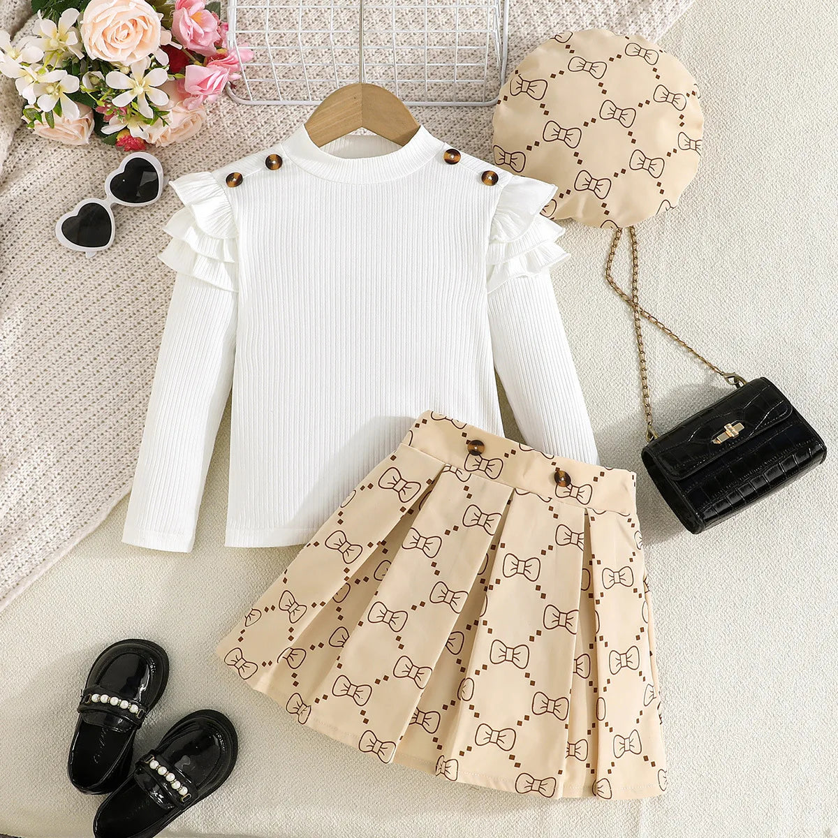 بنات' ربيع وخريف جديد sweet طقم exquisite hat solid color توب geometric بليسيه جيب 3-piece طقم